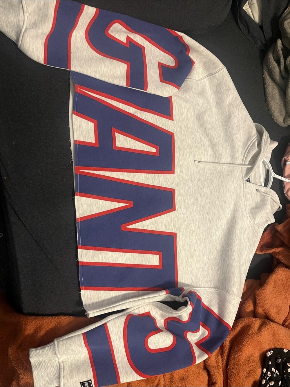 Primark Grey Cropped Hoodie with Navy and Red Graphic